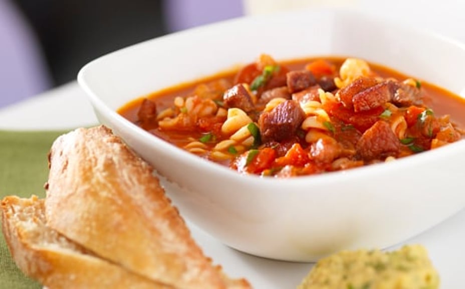 1863 - Soppa pomodoro med knaperstekt rimmat fläsk och böndipp