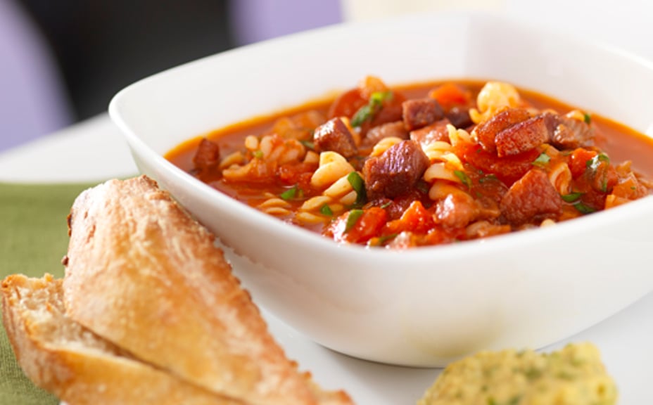 1863 - Soppa pomodoro med knaperstekt rimmat fläsk och böndipp